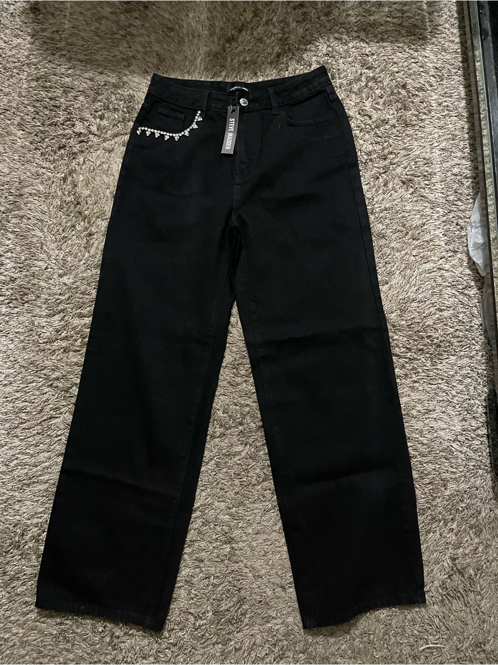 Steve Madden Black Straight-Leg Jeans with Rhinestone Chain - Picture 1 of 8